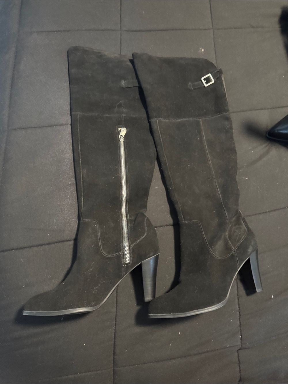 Adrienne Vittadini Black Suede Over-the-Knee Buckle Zip Boots